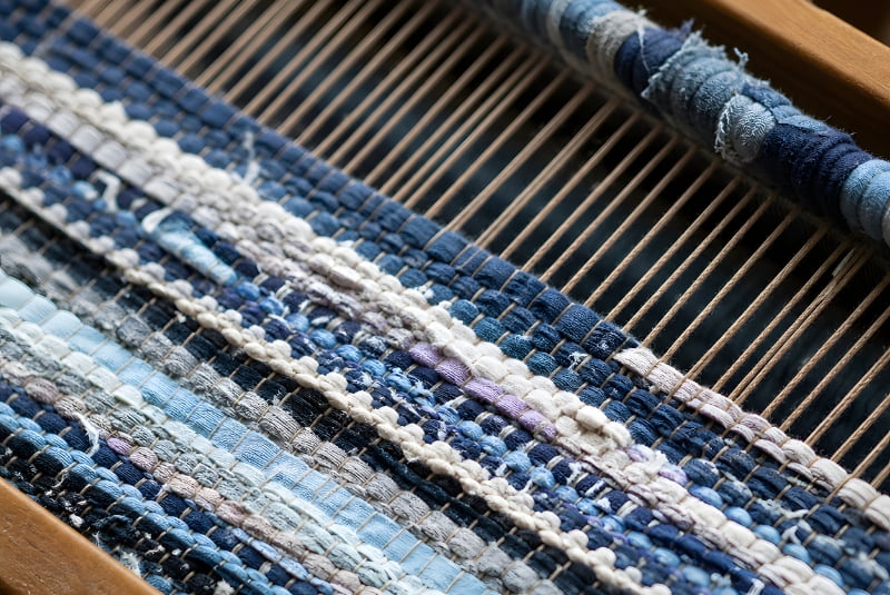 Close up of Japanese sakiori rag weaving on hand loom